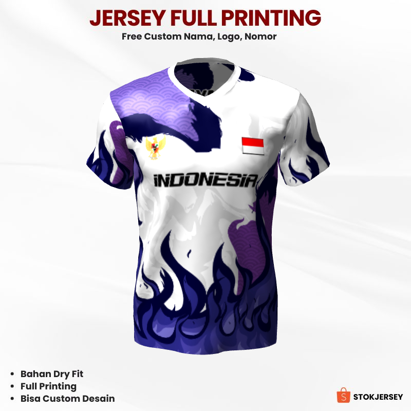 Kaos Jersey Futsal Putih Ungu Motif Abstrak Api 558 - Jersey Olahraga Full Printing