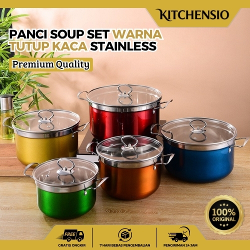 Kitchensio - 1 Set 5 Pcs Panci High Pot Soup Pot Steamer Kukus Stainless Steel / Panci Warna Set