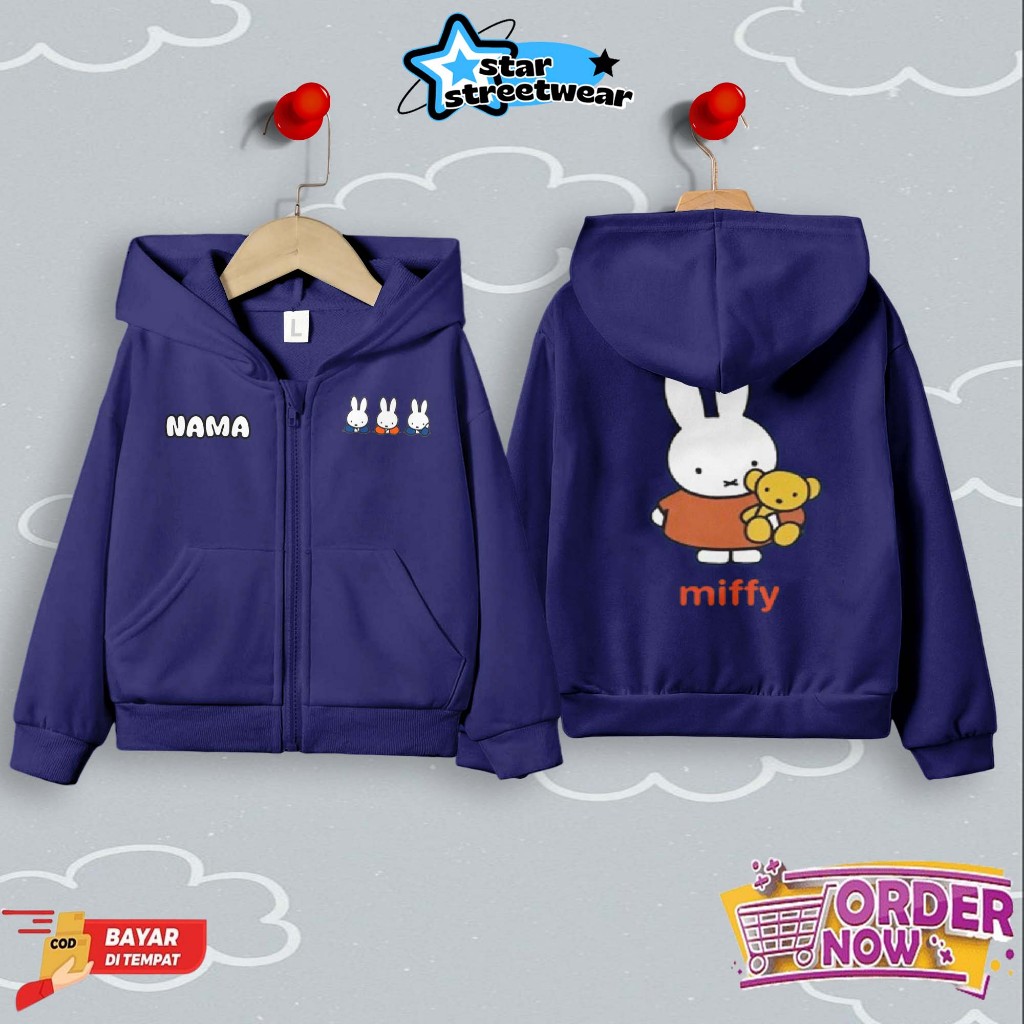 [FREE NAMA] Zipper Hoodie Anak Gambar Depan Belakang Motif MIFFY Bahan Premium UNISEX