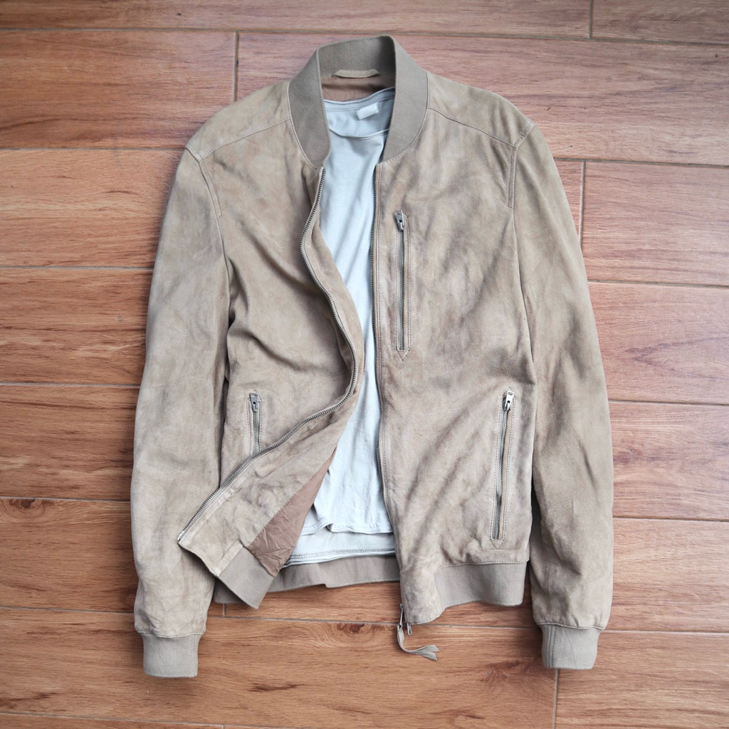 ALLSAINTS size L kulit domba warna kopi susu krem coklat Jaket kulit asli suede domba bomber genuine