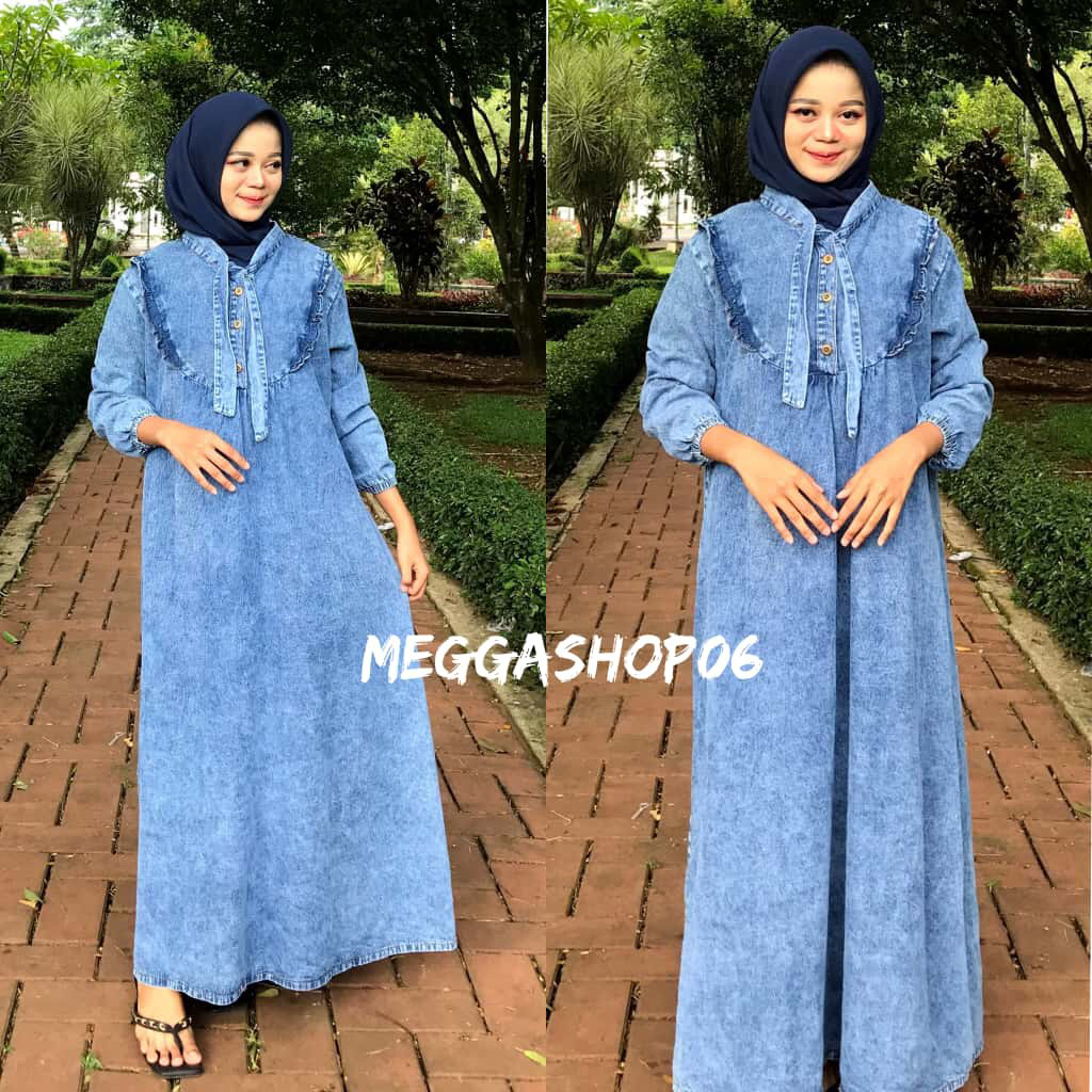 Gamis jeans ribbon dress jumbo baju gamis wanita jeans wash premium/baju gamis ld 120