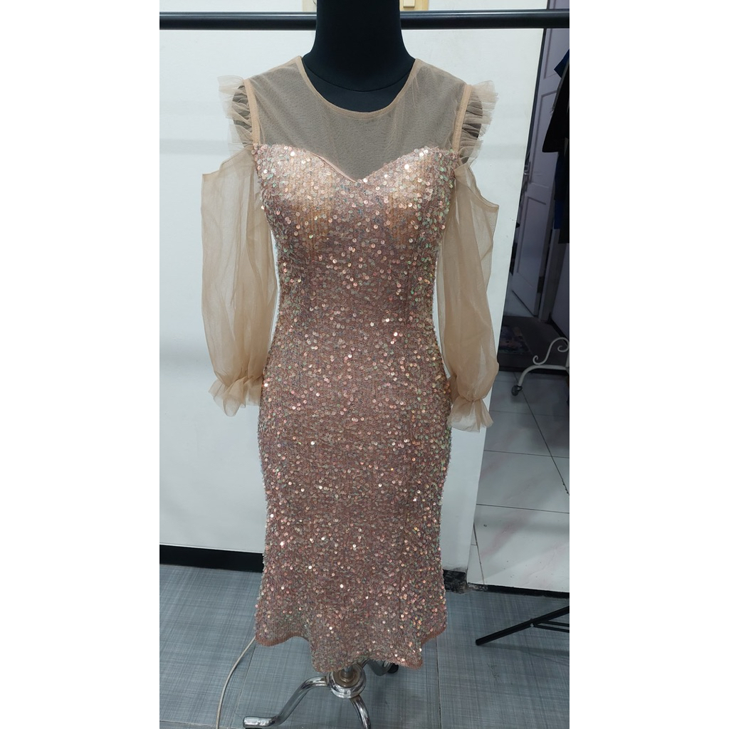 Dress pesta sequin krem / gold muda mewah
