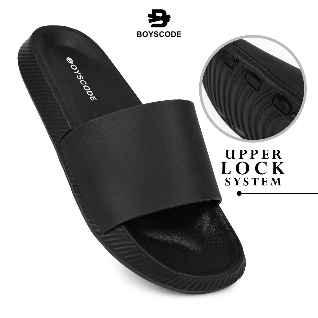BOYSCODE Sendal Selop Karet EVA Lock System Pria Wanita Hitam / Sandal Slop / Sandal Slide / Slip On