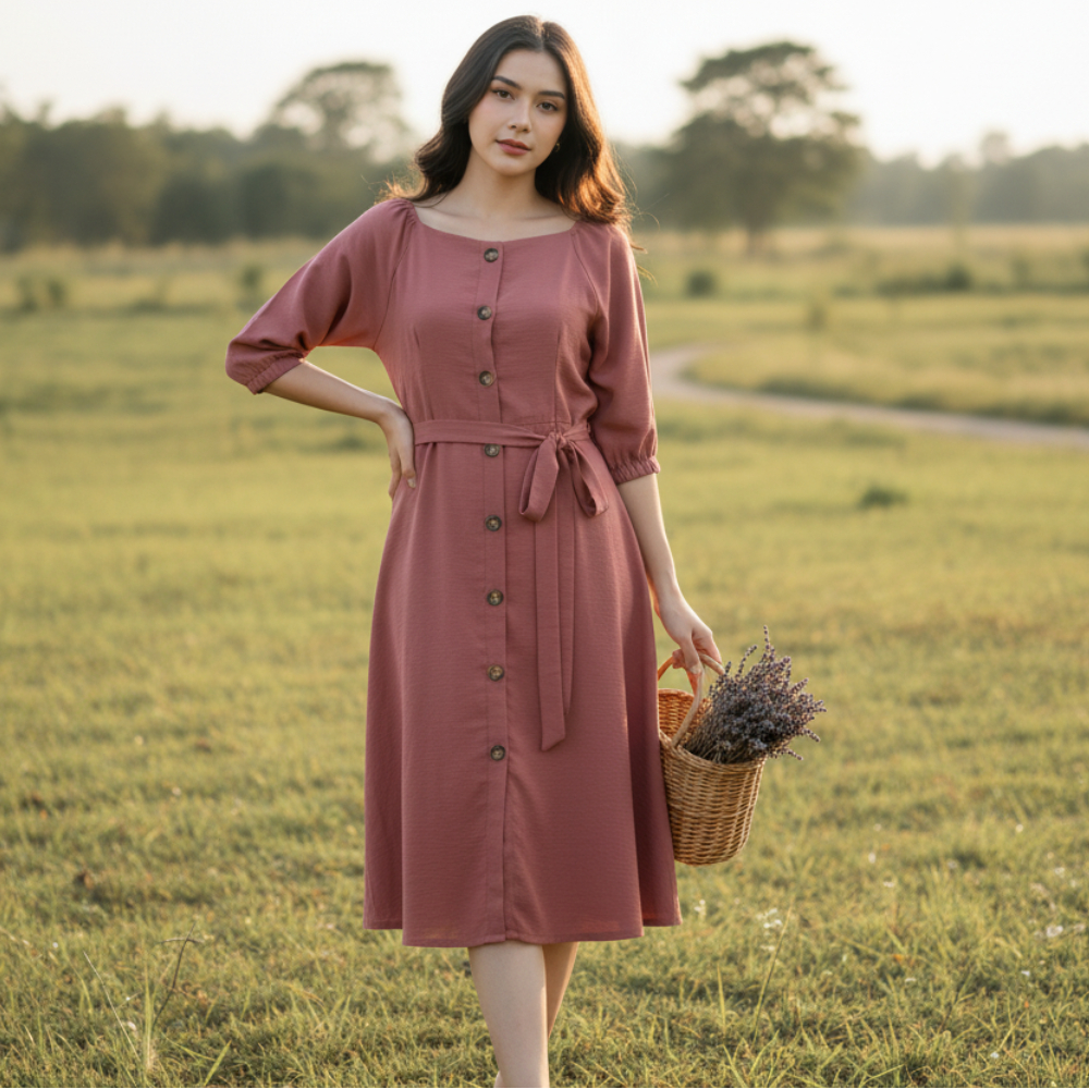 Dress Korean style daster bali dress midi  andin wanita dress polos full kancing depan