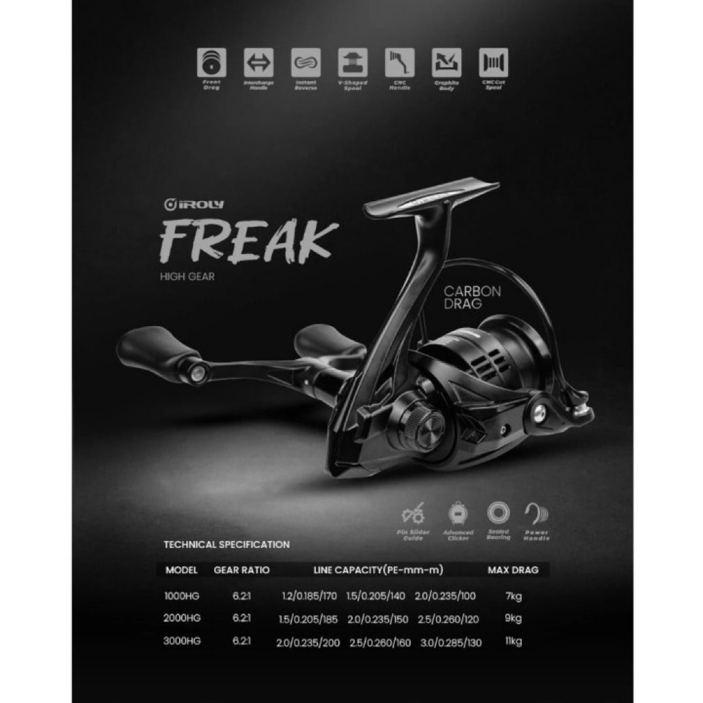 Reel IROLY FREAK HG 1000 2000 3000 Twin Handle