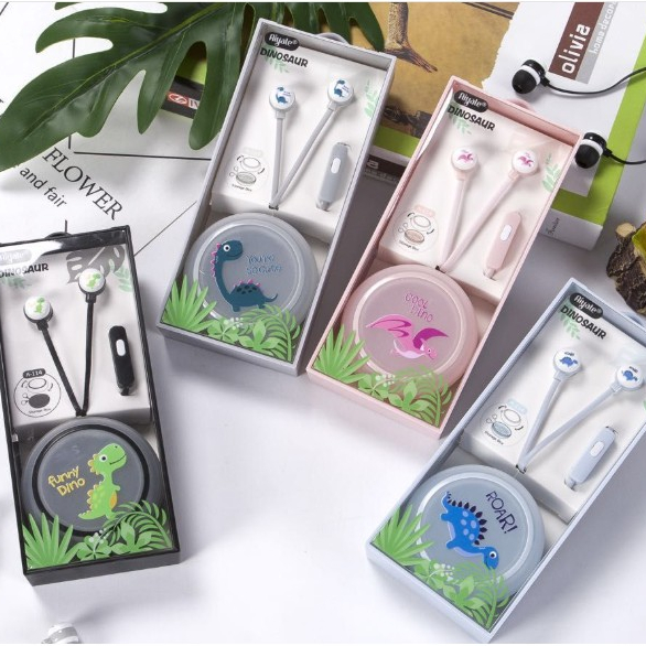 [A-114] Set Headset Earphone Kartun DINOSAUR / Wadah Earphone Bulat Motif Karakter DINOSAURUS Lucu