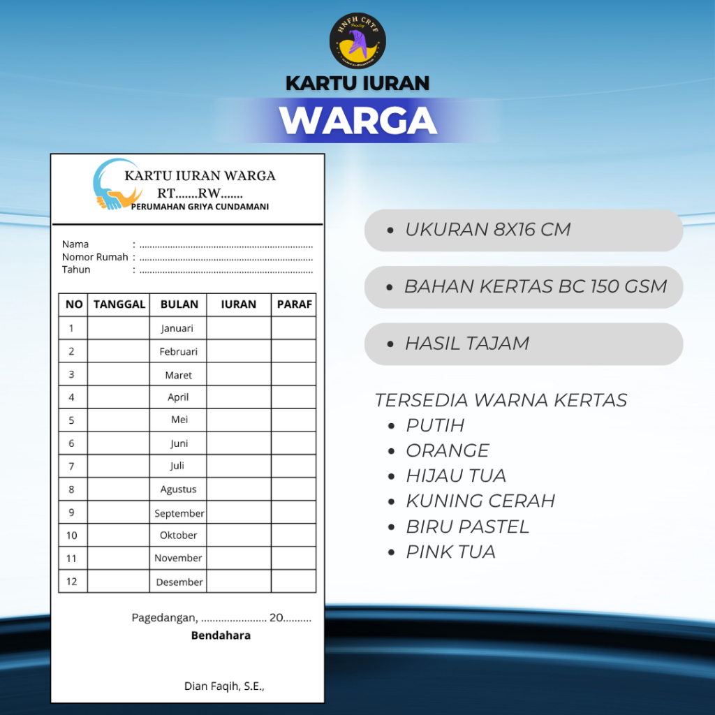 Kartu Iuran Warga Bulanan / Kartu Iuran Warga / Kartu Iuran