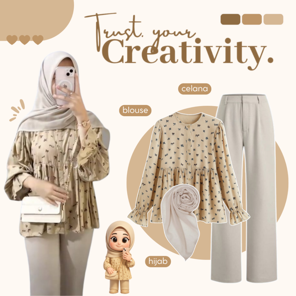 Satu Set Outfit Wanita | Blouse Kalea + Celana Kulot + Hijab Bella | Setelan Cewek 1 Set - AM176N