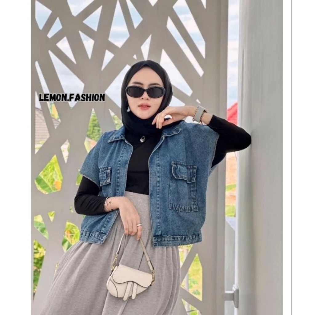 Lemon - Jaket Vast Jeans Wanita Oversize Kekinian - Rompi Jeans Wanita