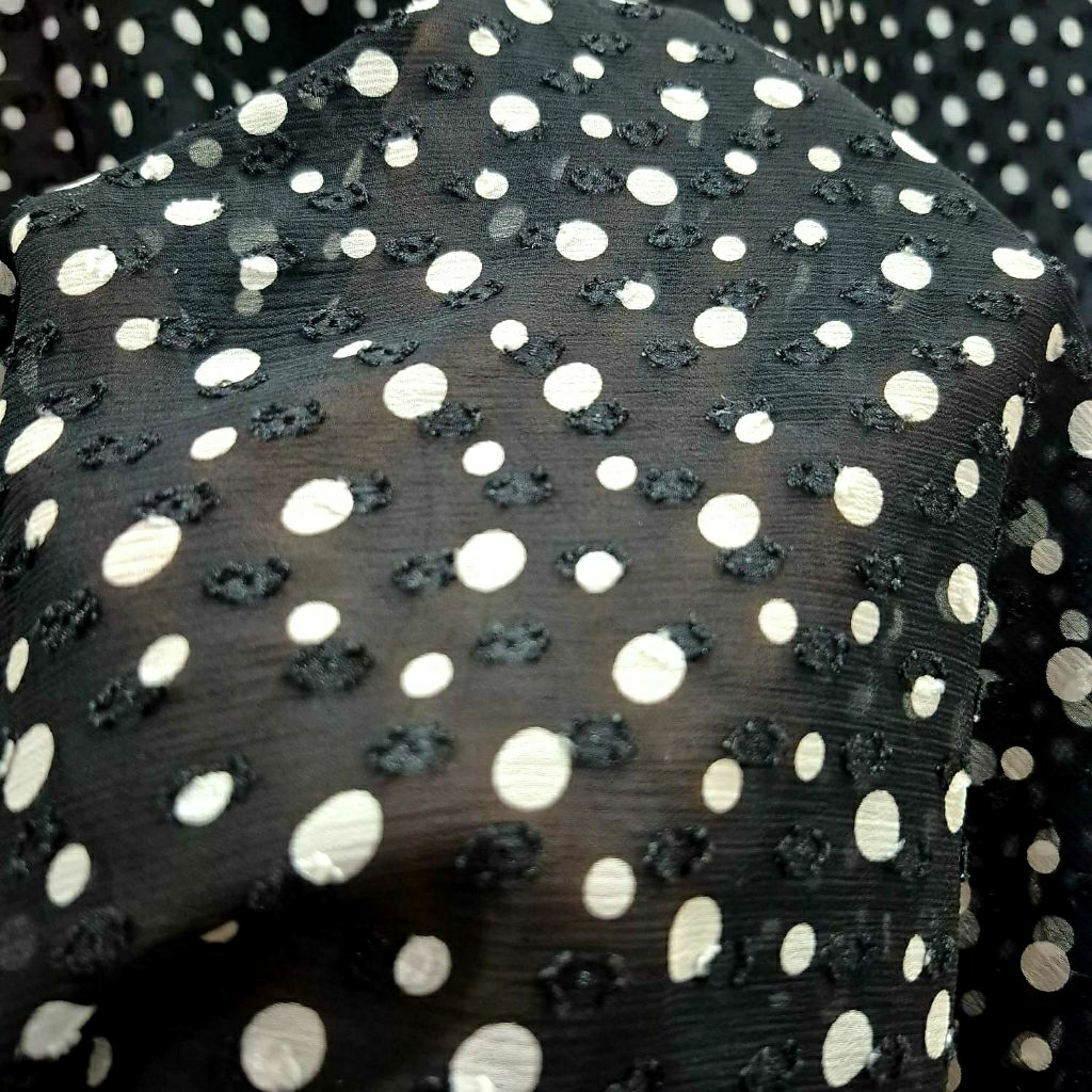KAIN SIFON RUBIAH MOTIF POLKADOT PUTIH DASAR HITAM - KAIN SIFON URAGIRI MOTIF DOT - KAIN SIFON MOTIF