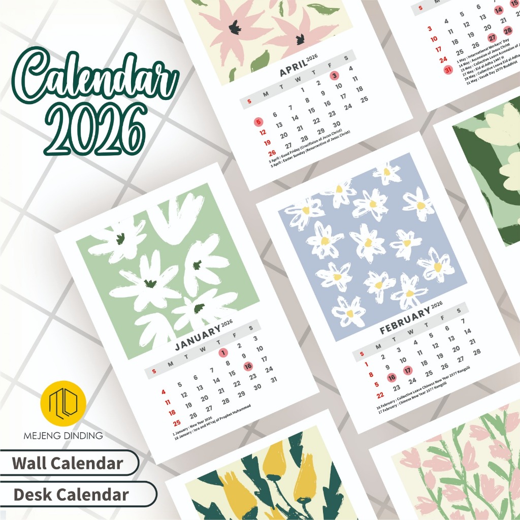 Kalender Dinding Tahun 2026 Kalender A3 Flower Aesthetic Murah Kekinian / Kalender Meja SPIRAL , Kal