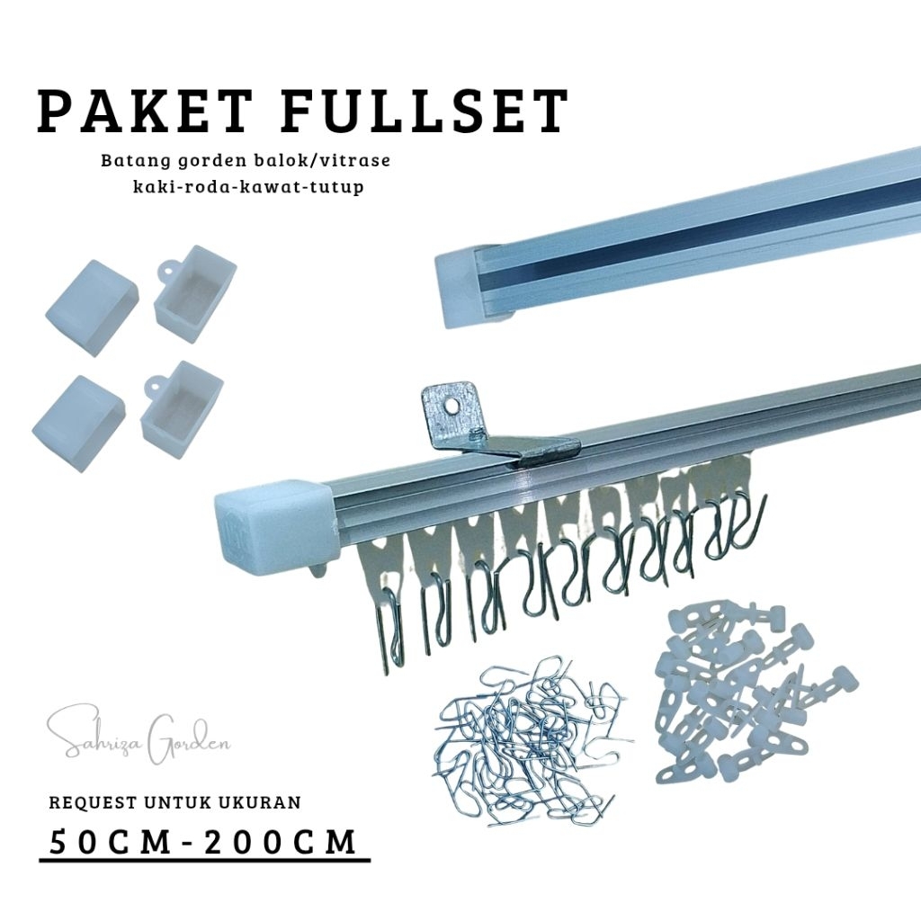 Batang gorden vitrase alumunium fullset untuk jendela dan pintu ukuran 50-200cm