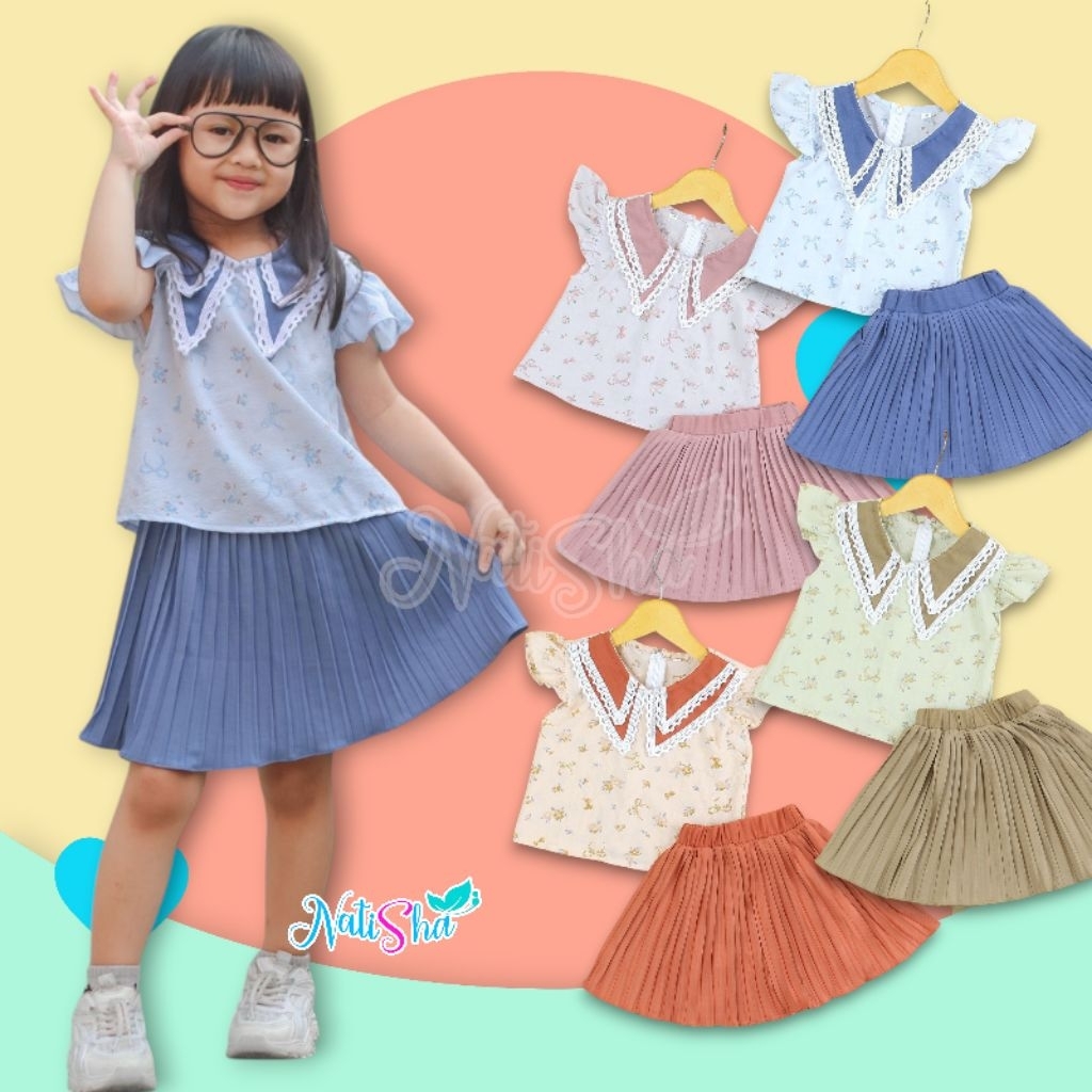 1-6 th Natisha Setelan Rok Plisket Anak Perempuan
