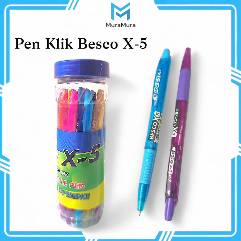 GROSIR Pulpen Klik Besco X-5 0.7mm Tabung / 12 Pcs - Ballpoint Besco X5 Semi Gel Tinta Hitam Warna