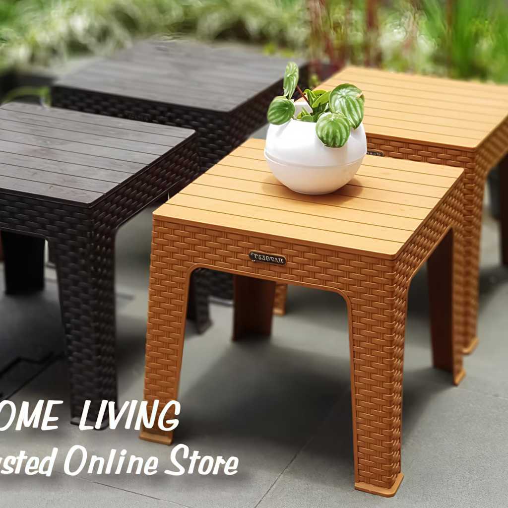 Meja Teras Plastik Napolly Motif Anyaman Rotan | Meja Plastik Serbaguna | Meja Coklat Rotan Kuat Fur