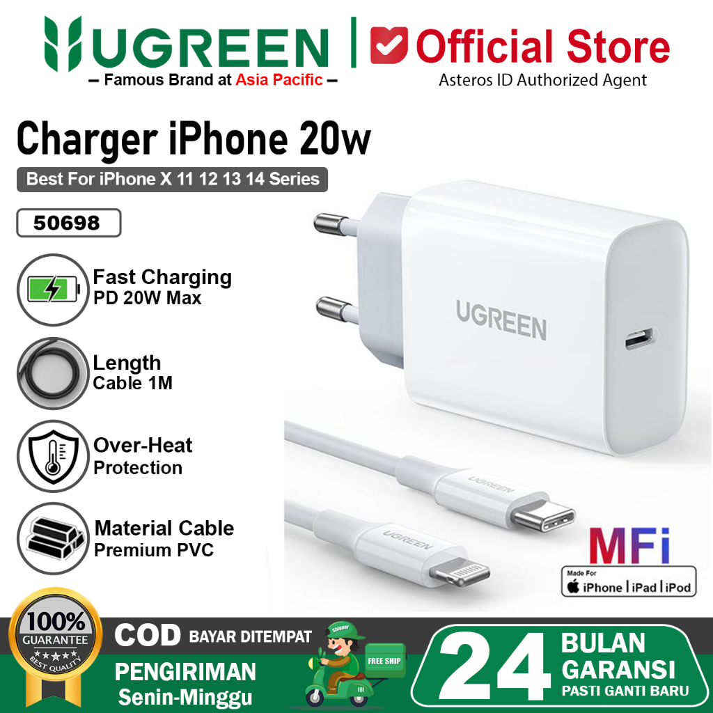 UGREEN Charger iPhone MFi PD Type C to Lightning Original Fast Charging 20W 50698