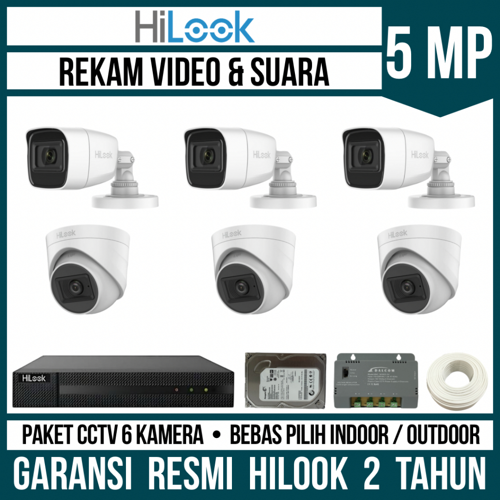 PAKET CCTV HILOOK 5MP 8 CHANNEL 6 CAMERA KAMERA CCTV TURBO HD