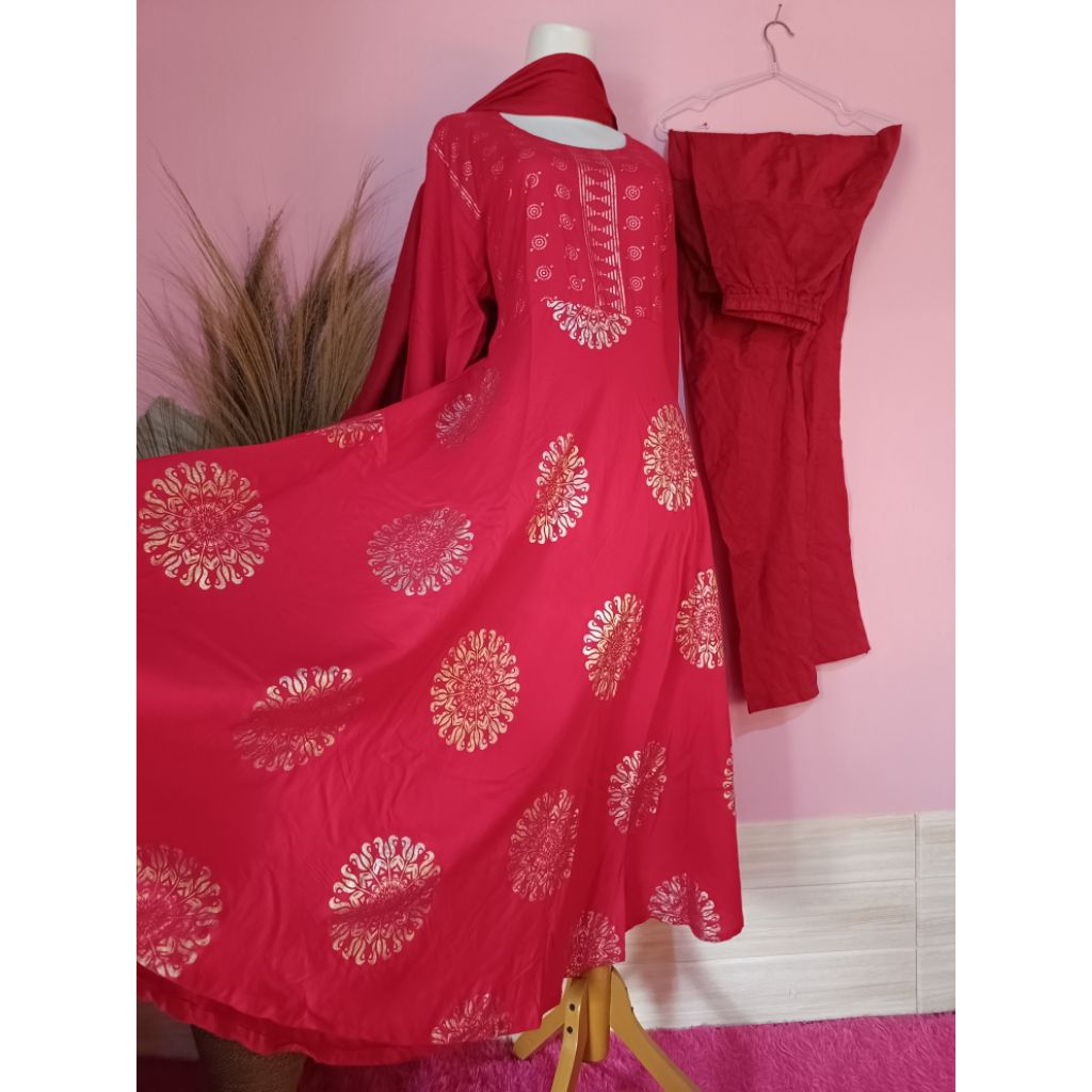 BAJU INDIA/ ANARKALI KATUN RAYON SET/ MERAH ADEM SERASI
