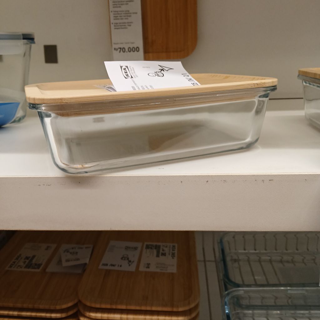 Wadah kaca tahan panas 1L tutup bambu mangkok saji persegi aman microwave borocilicate