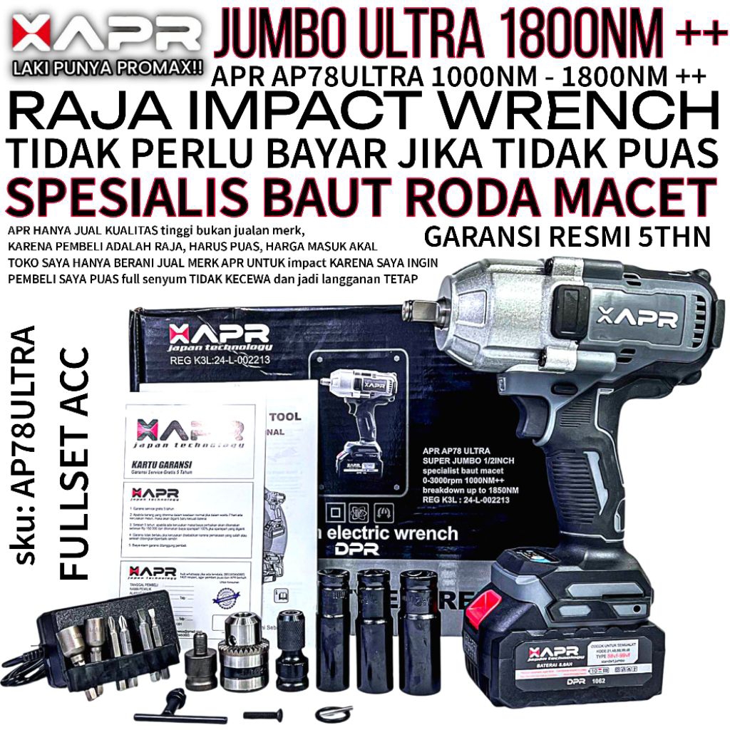 IMPACT WRENCH APR JUMBO AP78ULTRA IMPEK BOR BRUSHLEES BATERAI PEMBUKA BAUT RODA CVT MACET 1800NM