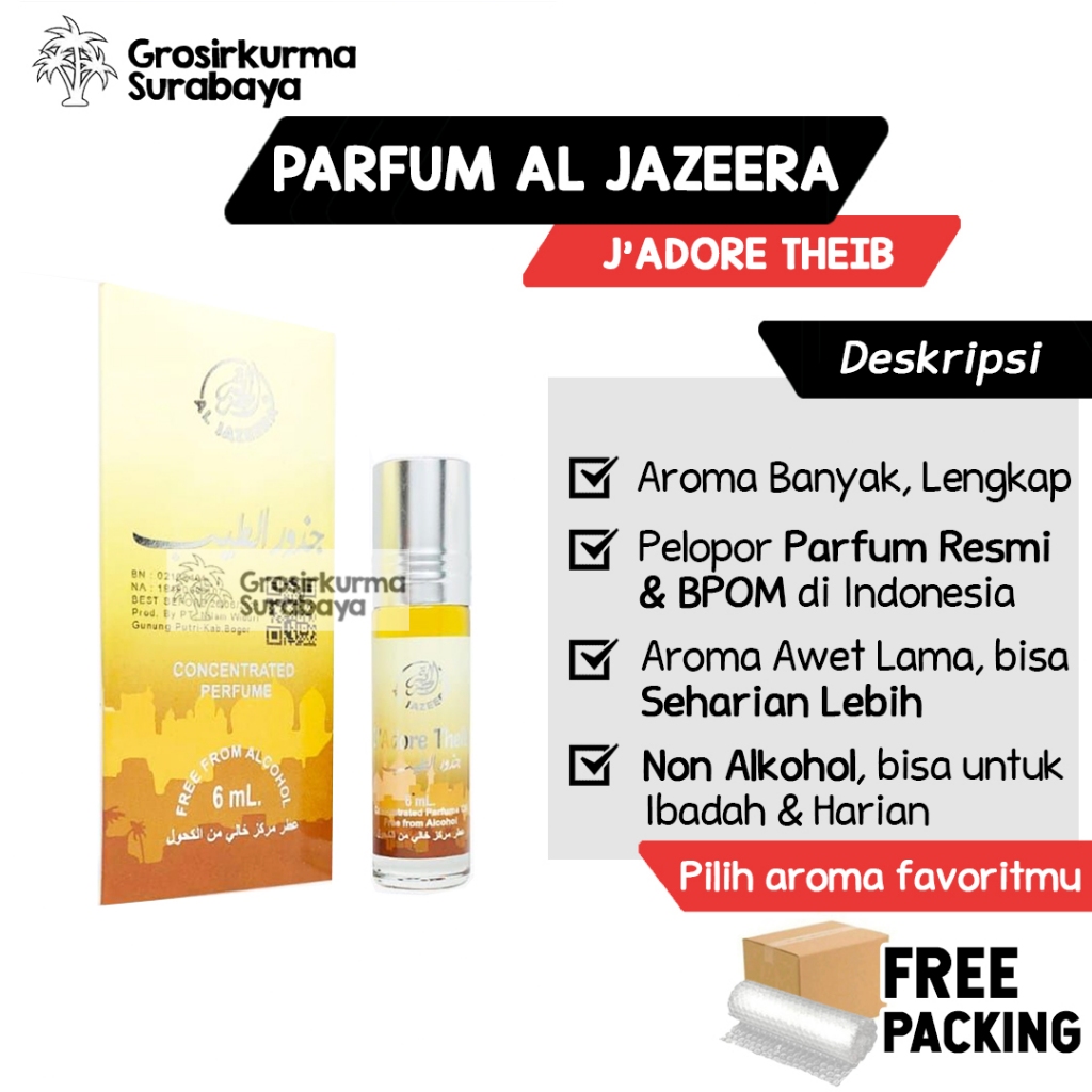 PARFUM ARAB AL JAZEERA J'ADORE THEIB 6ML ROLL ON MINYAK WANGI NON ALKOHOL TAHAN LAMA