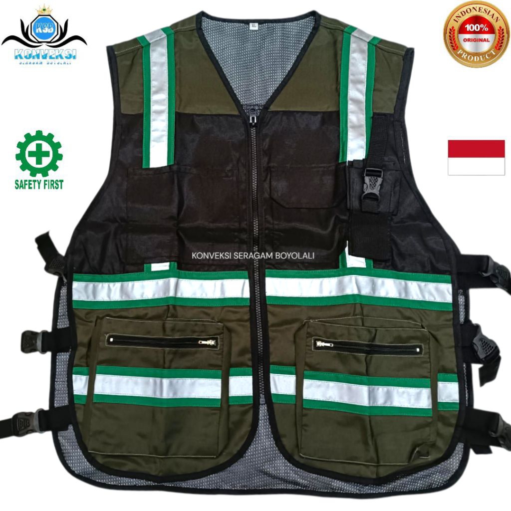 ROMPI SAFETY WARNA ARMY / SAFETY VEST TASLAN KOMBINASI  JARING HITAM/ROMPI PROYEK