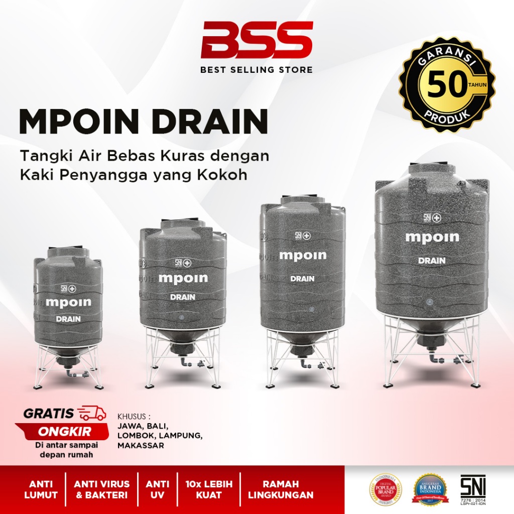 Tandon Toren Tangki MPOIN DRAIN 400 s/d 2000 (350 liter s/d 2000 liter) Garansi 50Thn Antilumut
