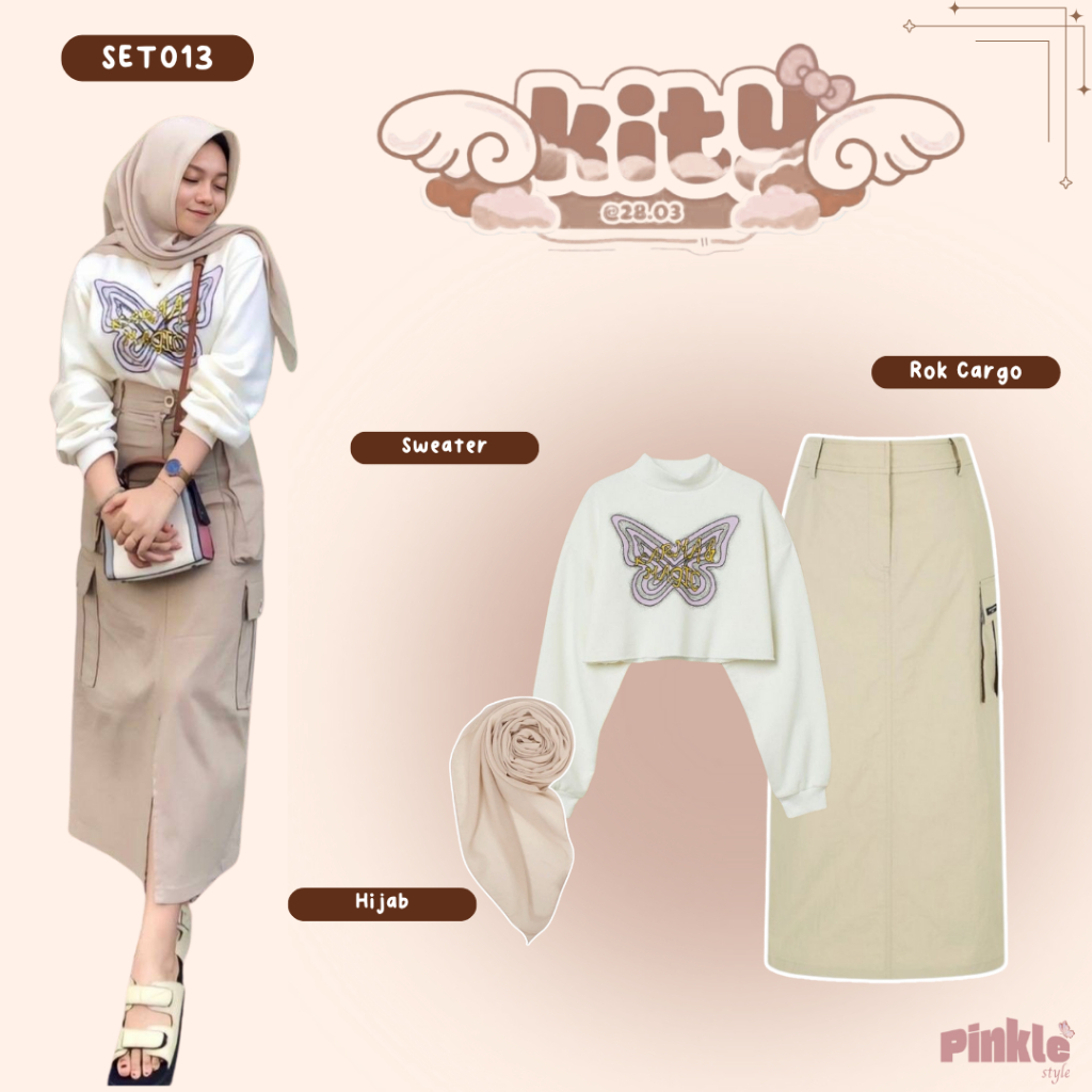 SET013 Dressychic One Set { Sweater Crop + Rok Cargo Korean + Hijab } Set Wanita Kekinian Hijab.
