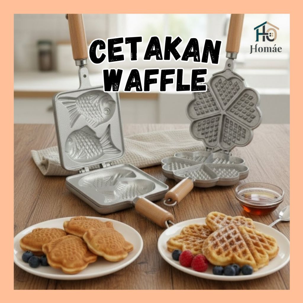 Homae - Cetakan Wajan Waffle Baffle Taiyaki Bentuk Ikan & Hati Kue Bolu Roti Telur Aluminium Anti Le
