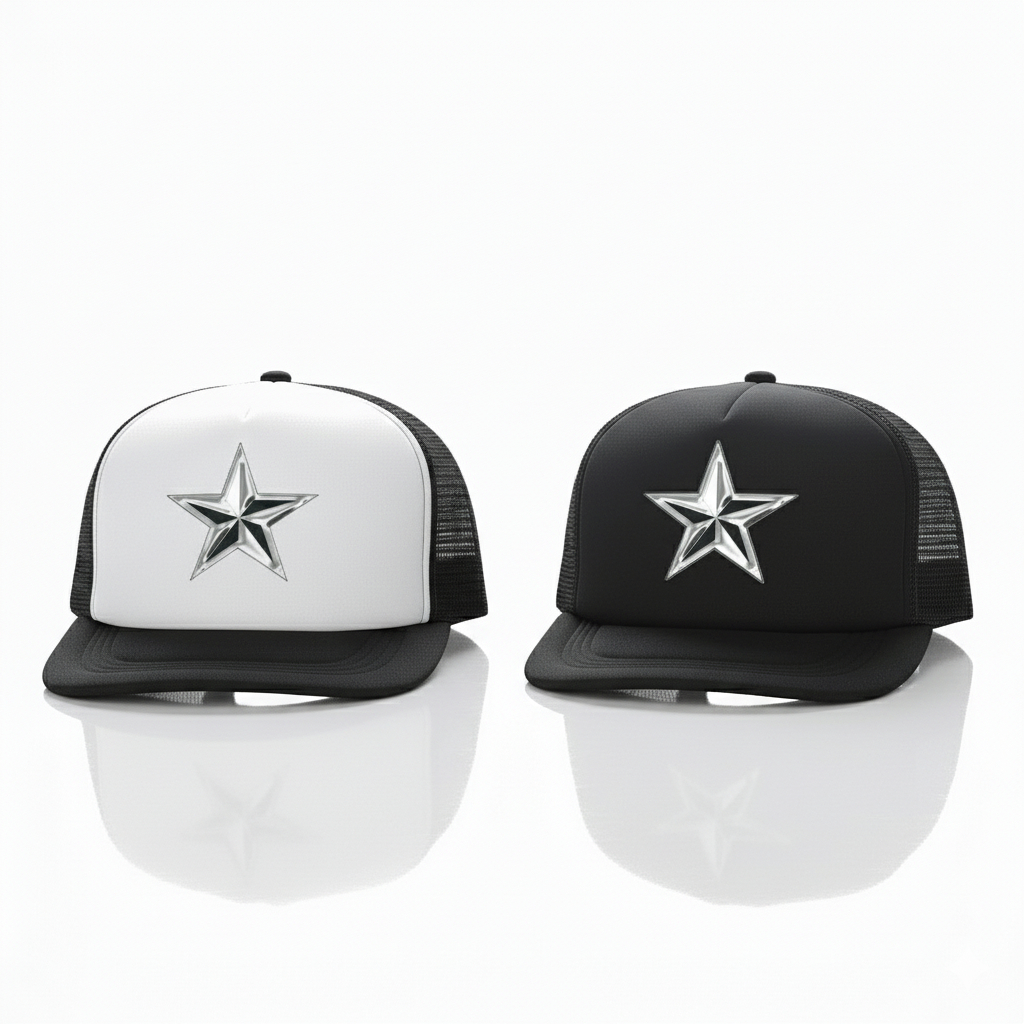 Topi Trucker Jaring Bintang Silver Hitam Putih Polos / Topi Jaring Distro Kekinian