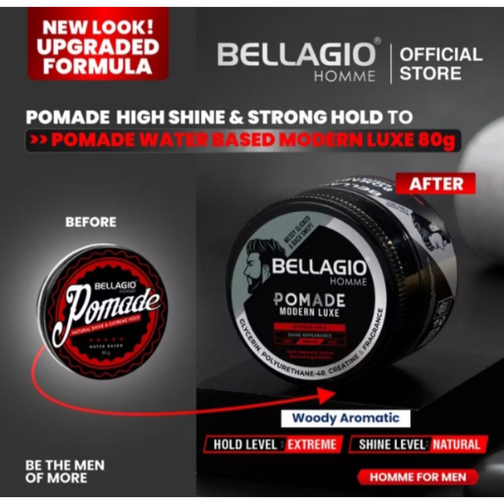 Bellagio Homme Pomade Natural Shine & Extreme Hold Modern Luxe 80gr Water Based