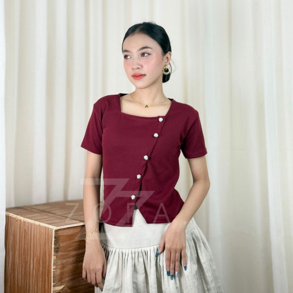 ZORA TOP ROSE | ATASAN KNIT WANITA KOREAN TOP BAJU KNIT WANITA LENGAN PENDEK BASIC SNOW RIB PREMIUM 