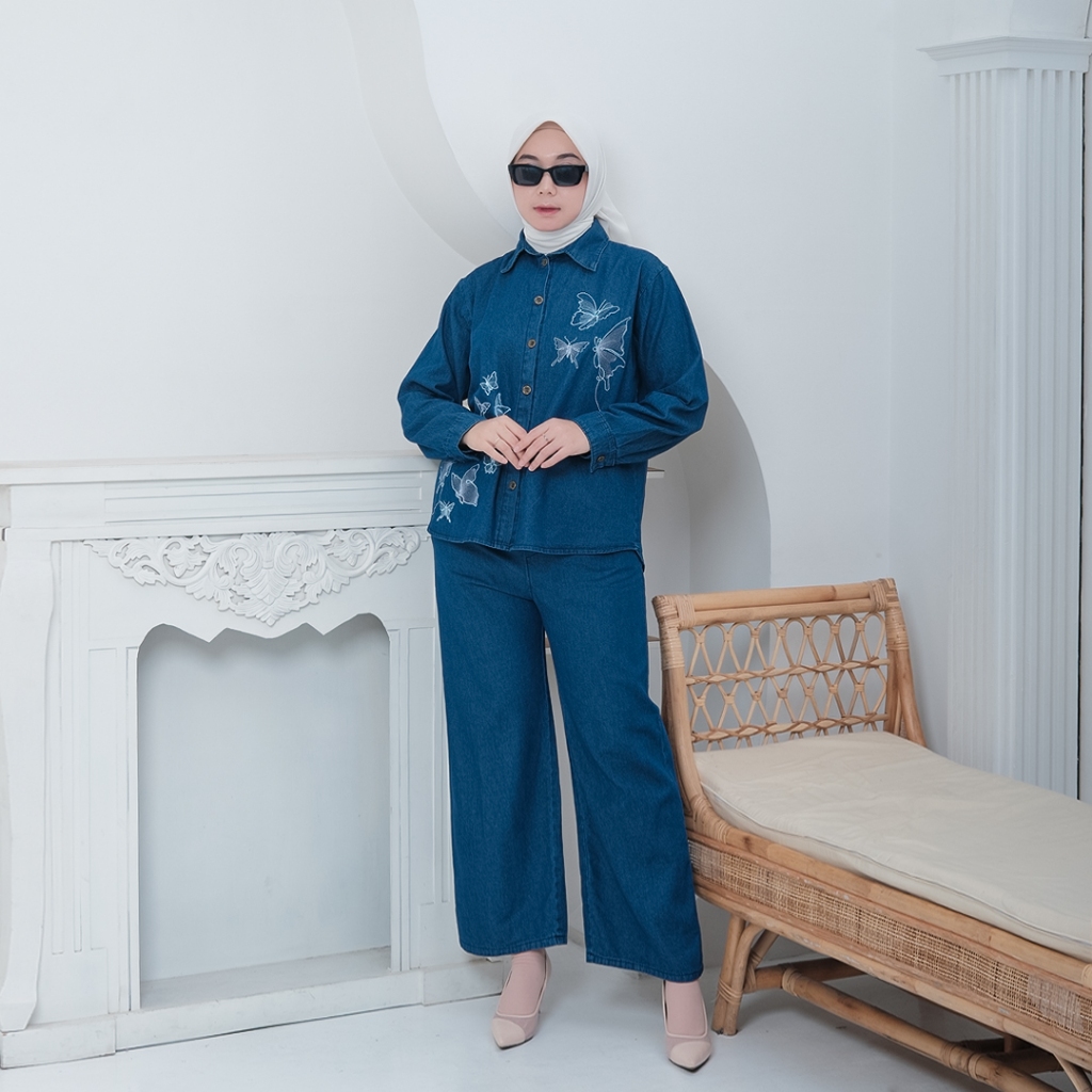 Aura Set / Setelan Jeans Bordir Butterfly / Oneset Jeans Celana Kulot