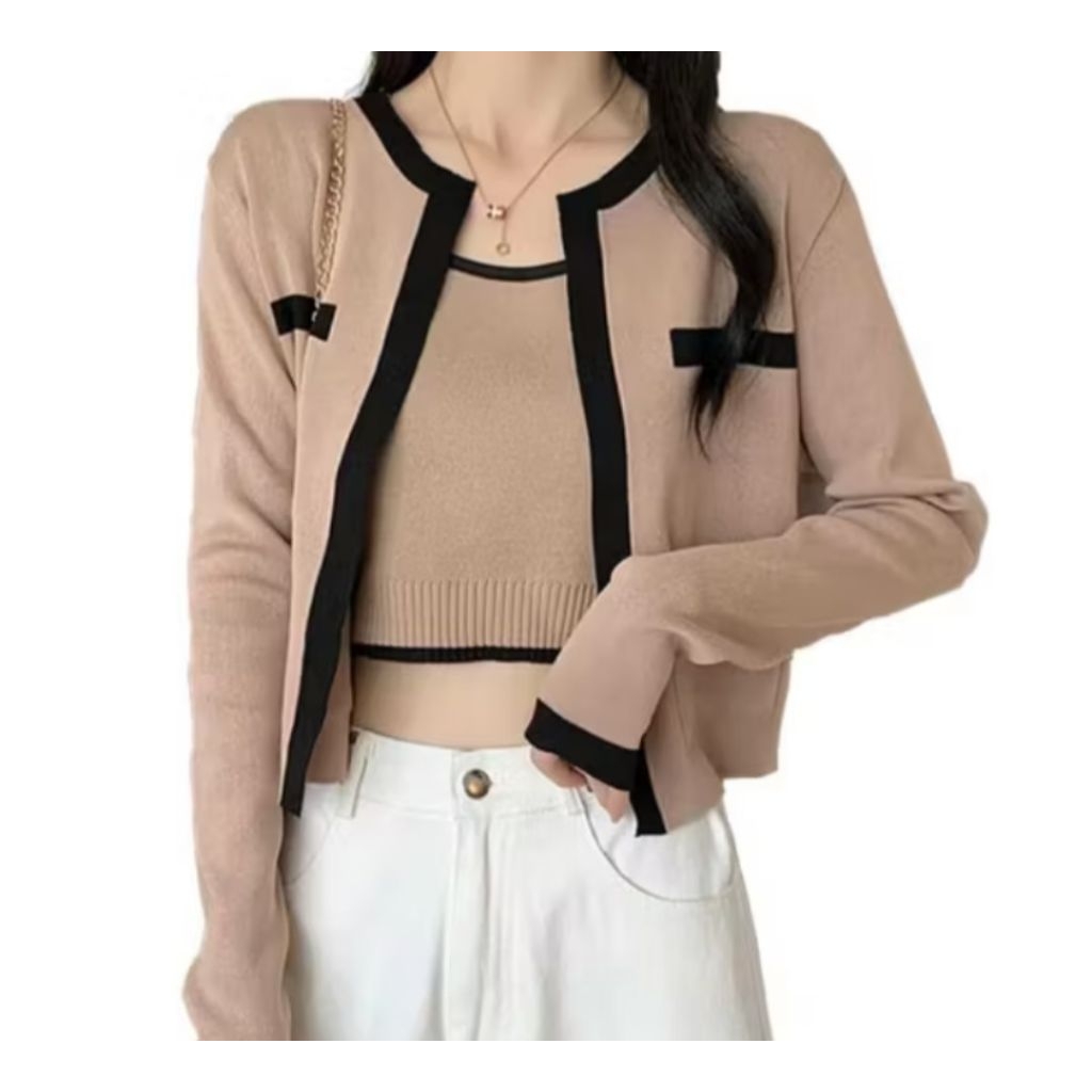 Cardigan tanktop rajut | Atasan wanita set crop top rajut
