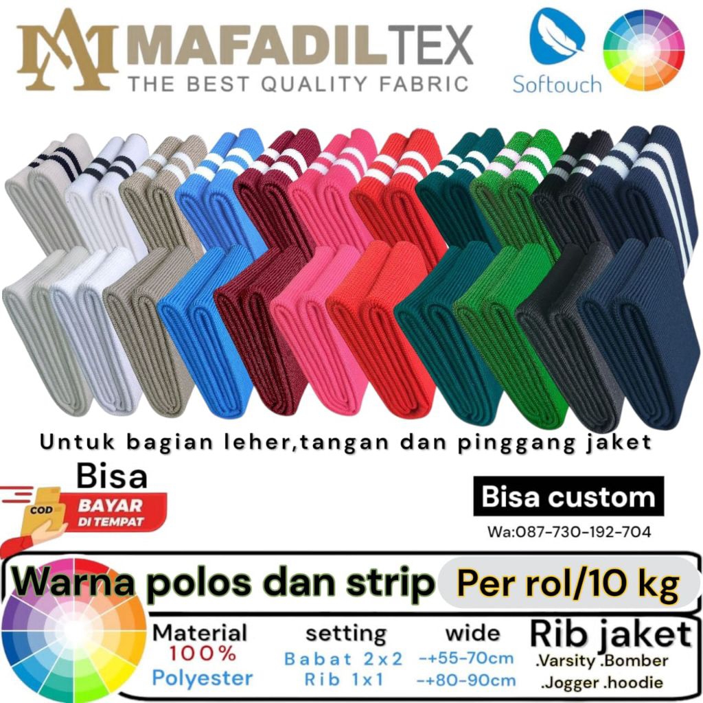 kain rib bur jaket warna polos dan strip poliester rib 1x1 2x2 leher tangan pinggang per rol / 10 kg