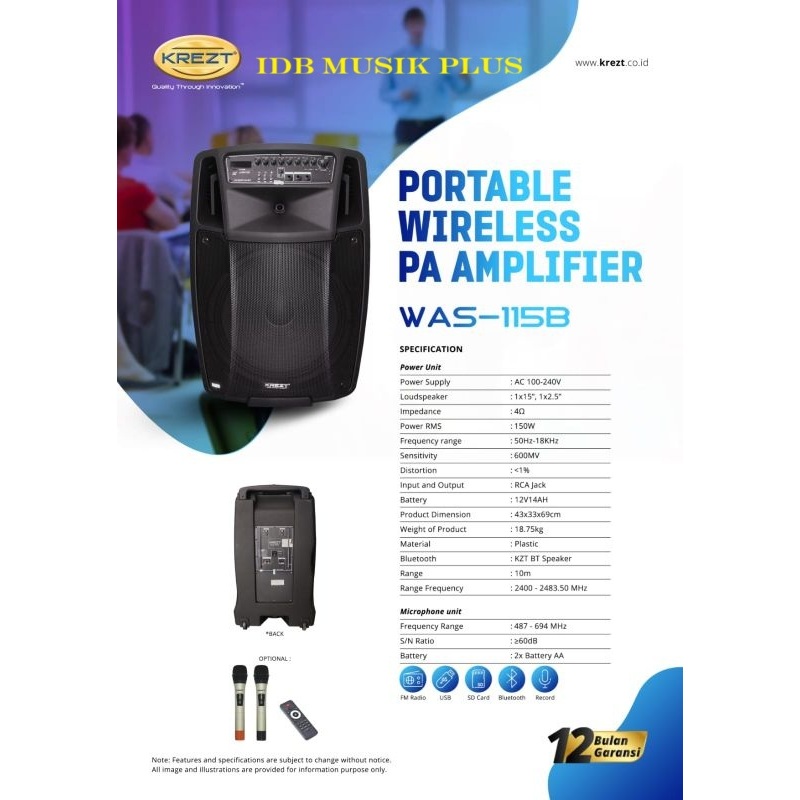 Speaker Portable 15" Krezt WAS115B WAS 115B Original