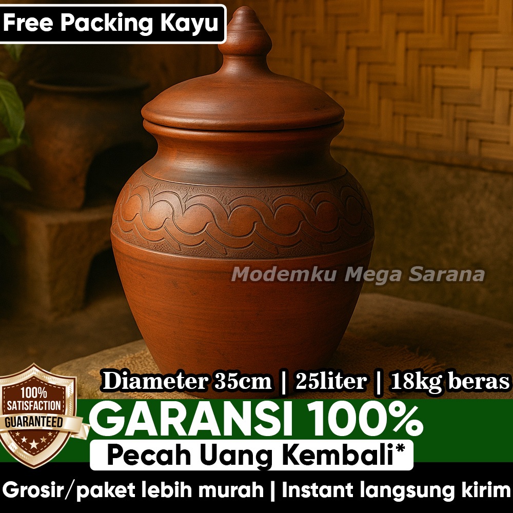 [Packing Kayu] Gentong Jumbo Besar Tanah Liat Tempat Beras Genthong 25 Liter Air - 18 kg beras