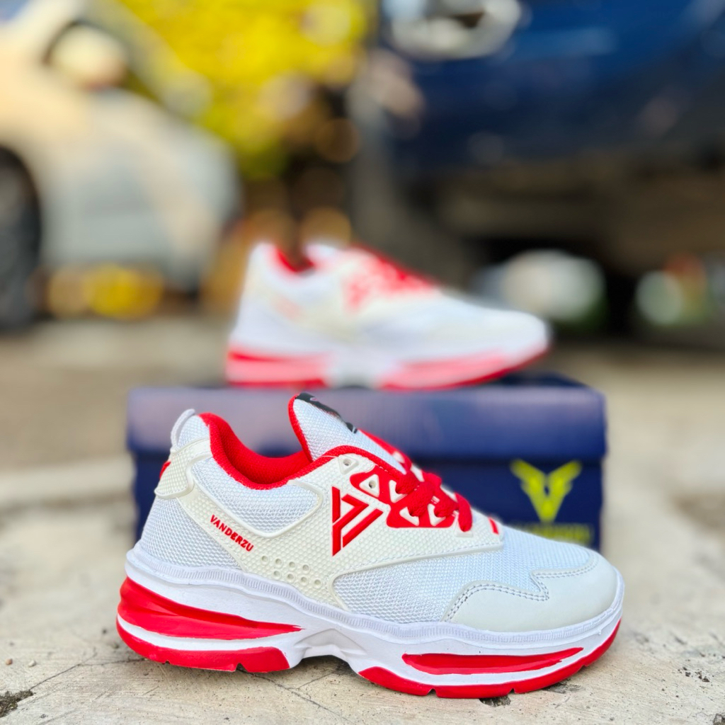 Vanderzu Sepatu Sneaker Running Sport Anak Laki-Laki Pria/Wanita Putih Merah Type SRT Original