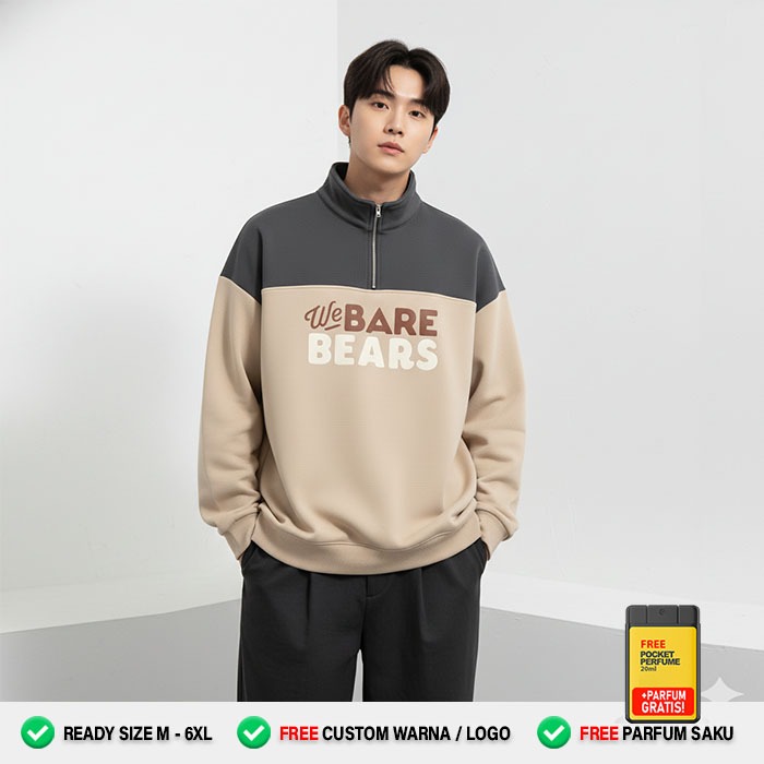 Sweater Half Zip Bears Oversize ABU TUA BEIGE Sweatshirt Polo Pria Wanita Casual Korea Style