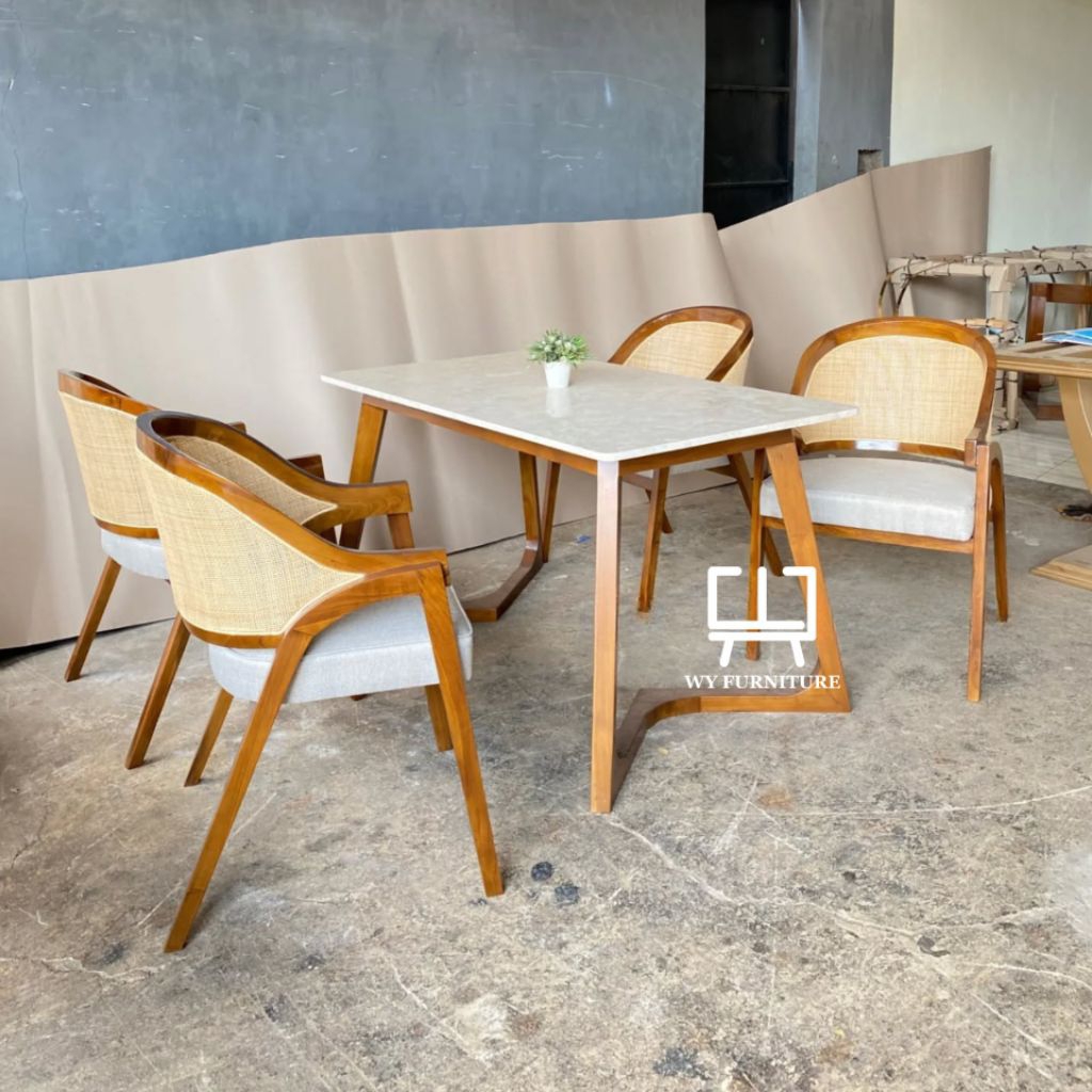 Meja makan minimalis kayu jati, set meja makan marmer 4 kursi kayu jati rotan, meja makan marmer asl