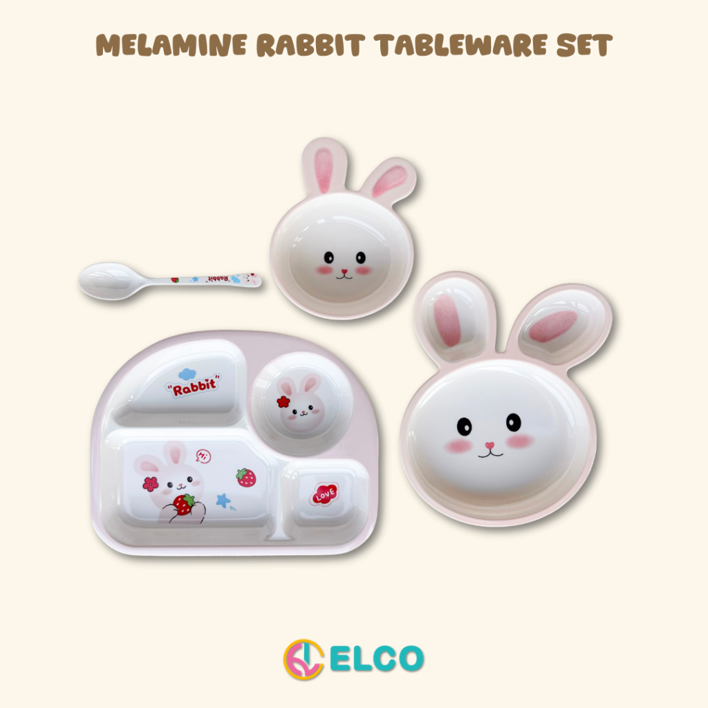 ELCO Premium Melamine Rabbit kids tableware set plate bowl cup spoon / alat makan anak premium melam