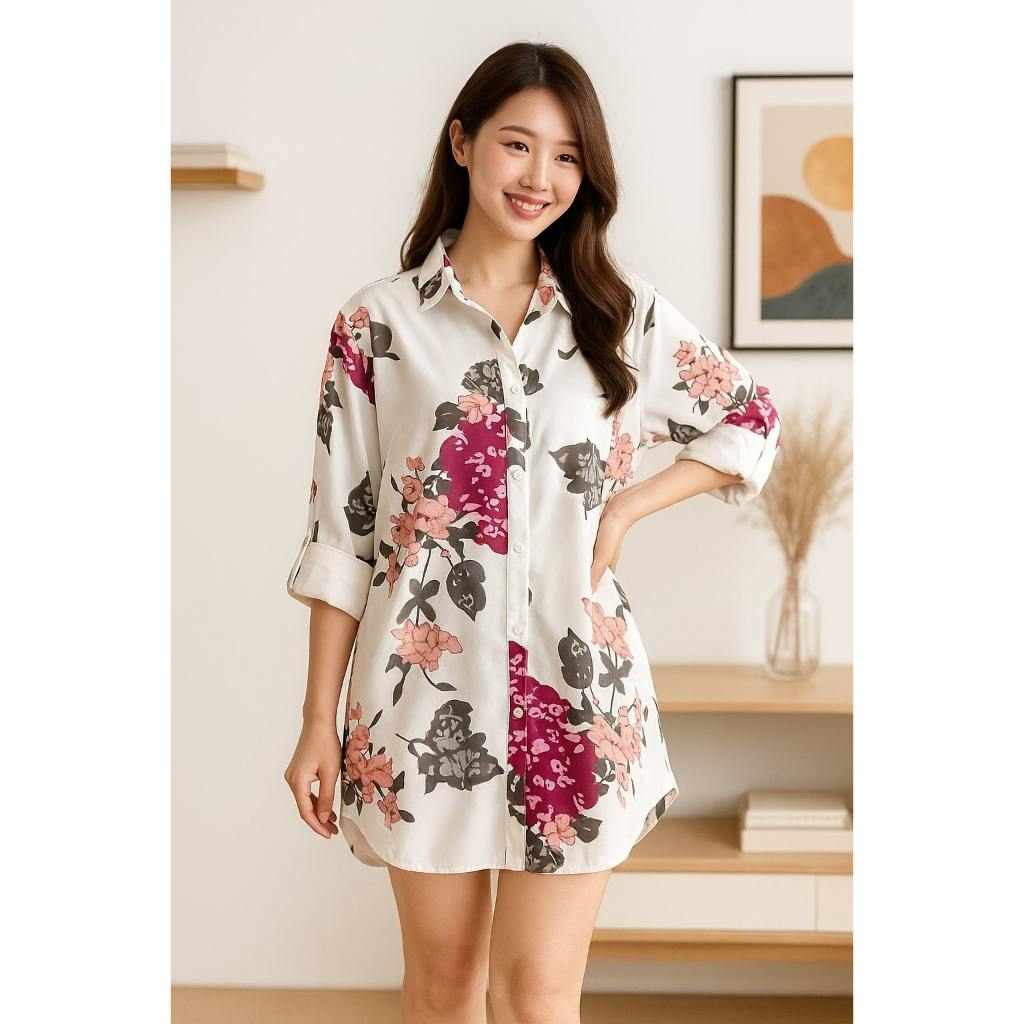 Zero Rajut Store - Kemeja Tunik Wanita Floral Monalisa Oversize | Atasan Long Shirt Casual Lengan Pa