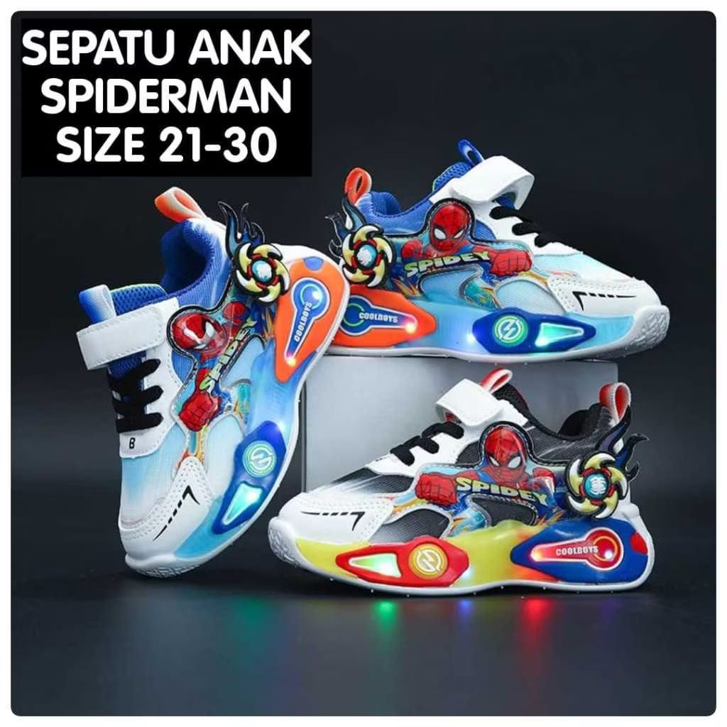 SPMJ - Sepatu Sneakers Anak LED Motif Spiderman /Sepatu LED Anak Laki-laki IMPORT