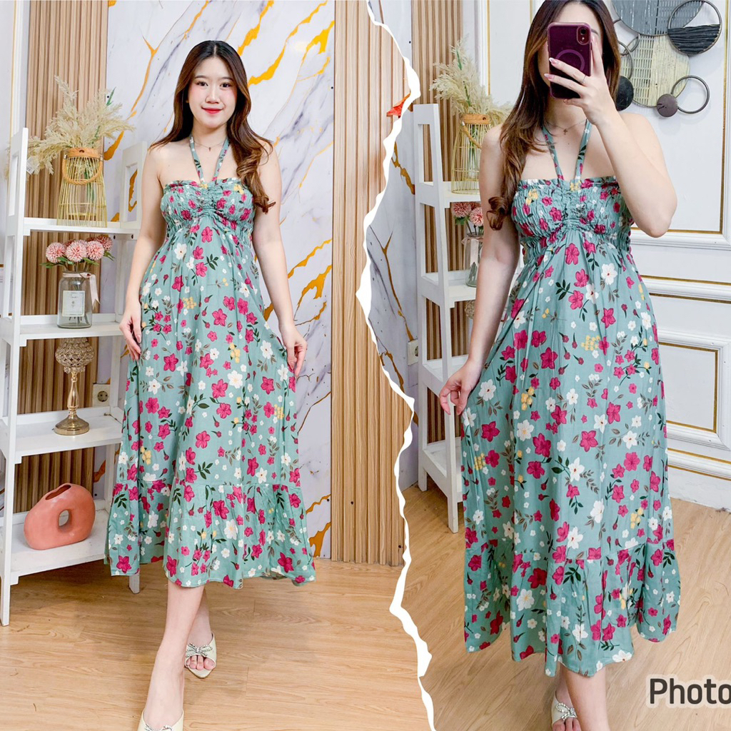 Dress CARMEN Rayon Bali Motif Bahan Adem - Daster Kerut Tali Satu Serut Dada Yukensi