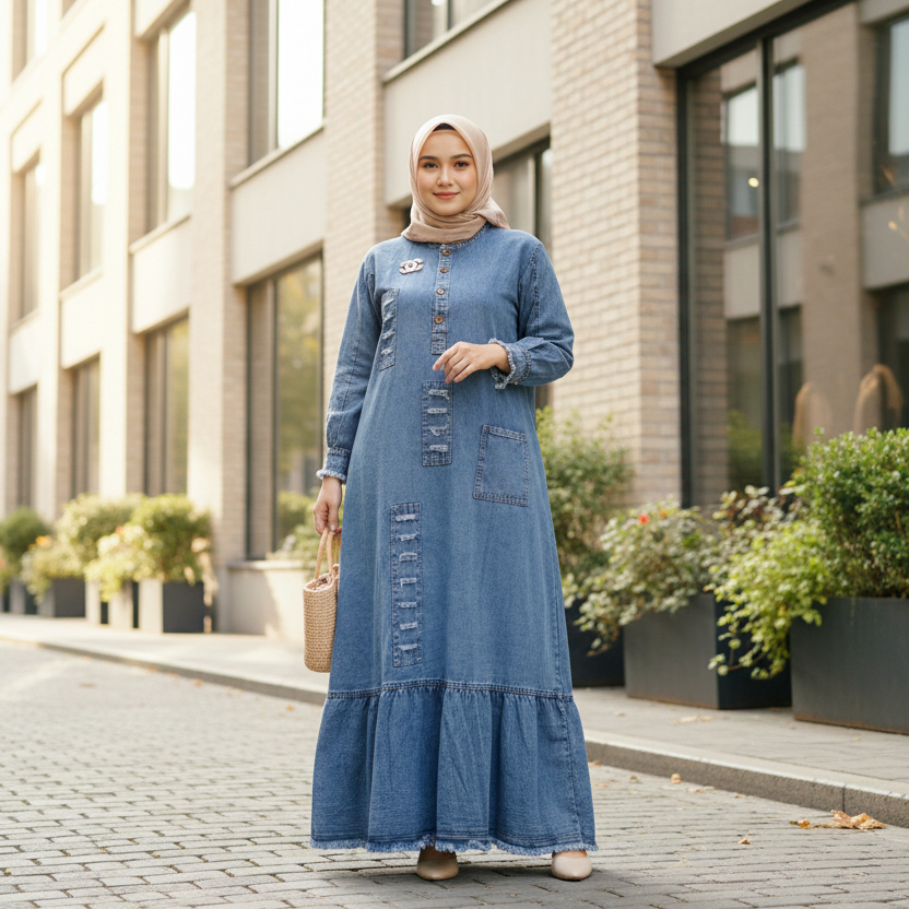 Gamis Jeans Deana Bahan Jeans Premium | Gamis Denim Casual Kekinian | Busana Muslim Denim Modern