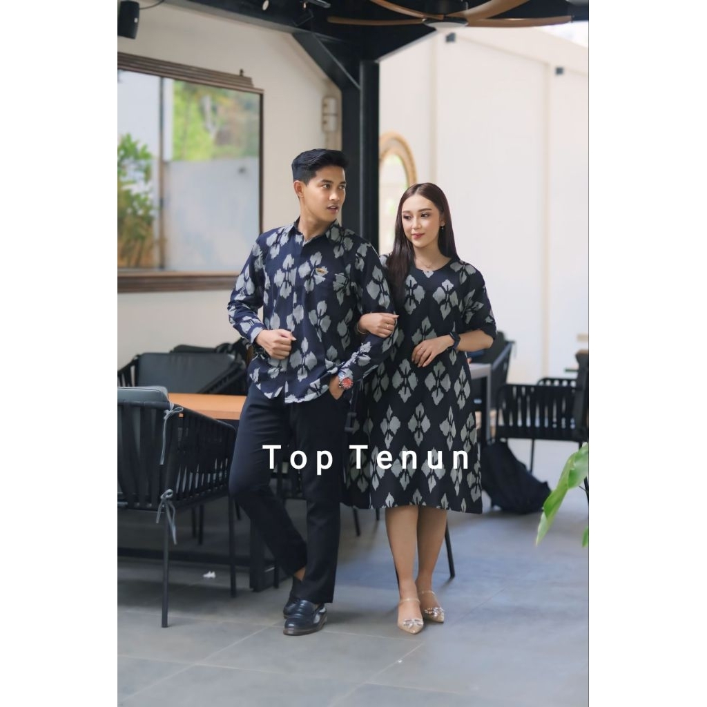 couple Rosa Hitam - baju tenun pasangan motif bunga - dress dan atasan pria buat acara kasual formal