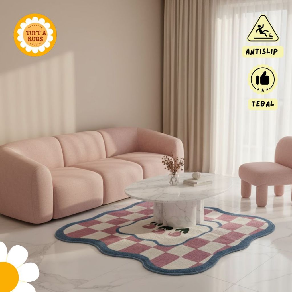 Karpet Rugs Aesthetic Bunga Tulip Catur Pink Border Biru 160x120cm Anti Slip Lembut