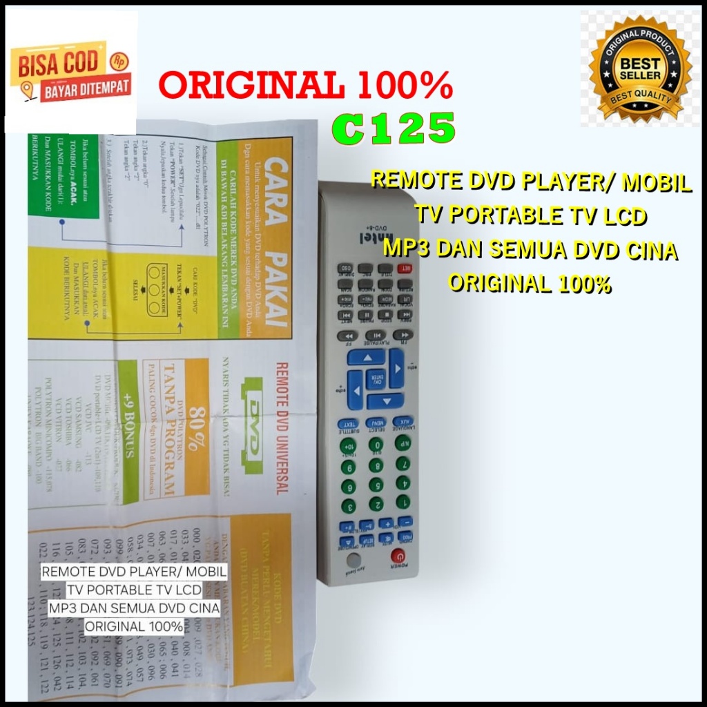 C125 ORI REMOTE DVD ANTEL BERBAGAI MEREK PLAYER DVD MOBILTV PORTABLE TV LCD MP3 CINA  REMOT MULTI UN