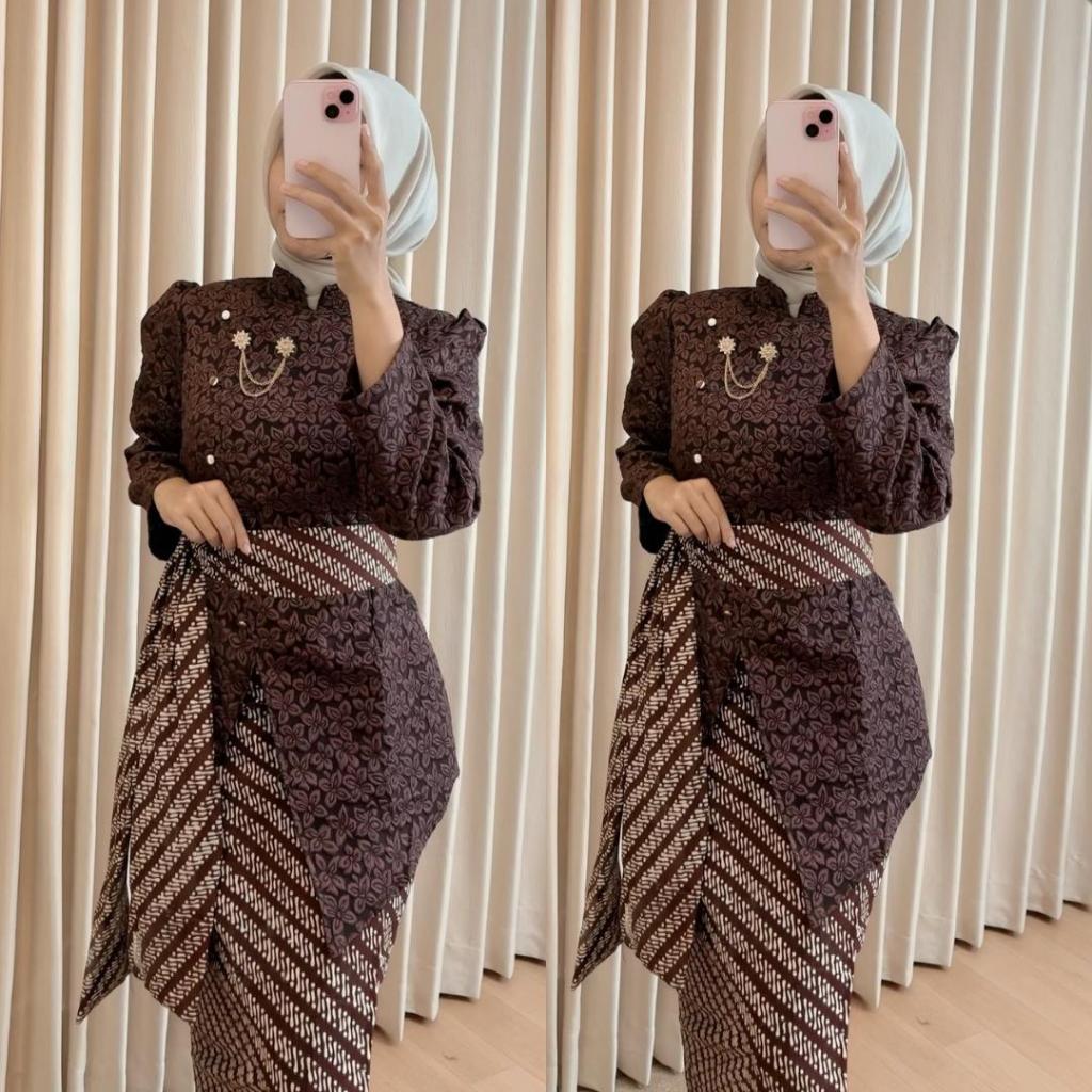 Delova Wardrobe - SET ROK + SELENDANG KEBAYA JANGGAN Jawa Kraton Modern Wisuda Lamaran Tunangan Bridesmaid Embos Jaguard