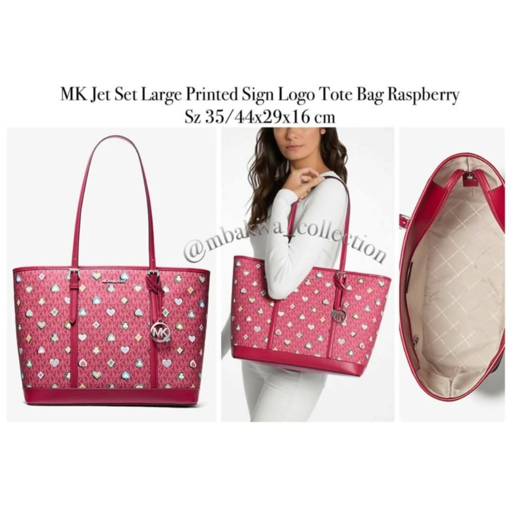 MK Jet Set Large Printed Sign Logo Tote Bag Raspberry